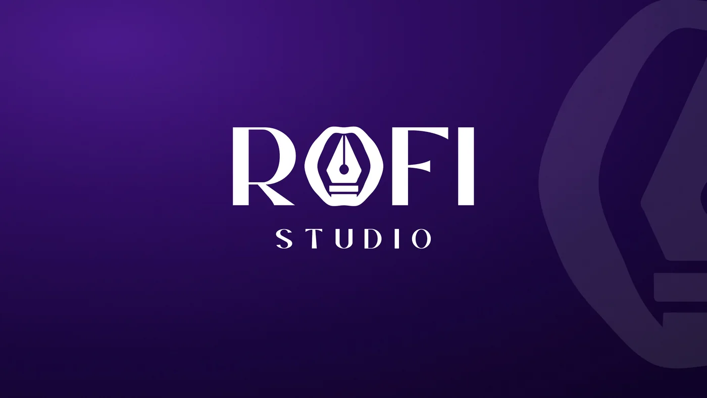 O logótipo da Rofi Studio em branco sobre o degradê violeta, com o símbolo em grande à direita.