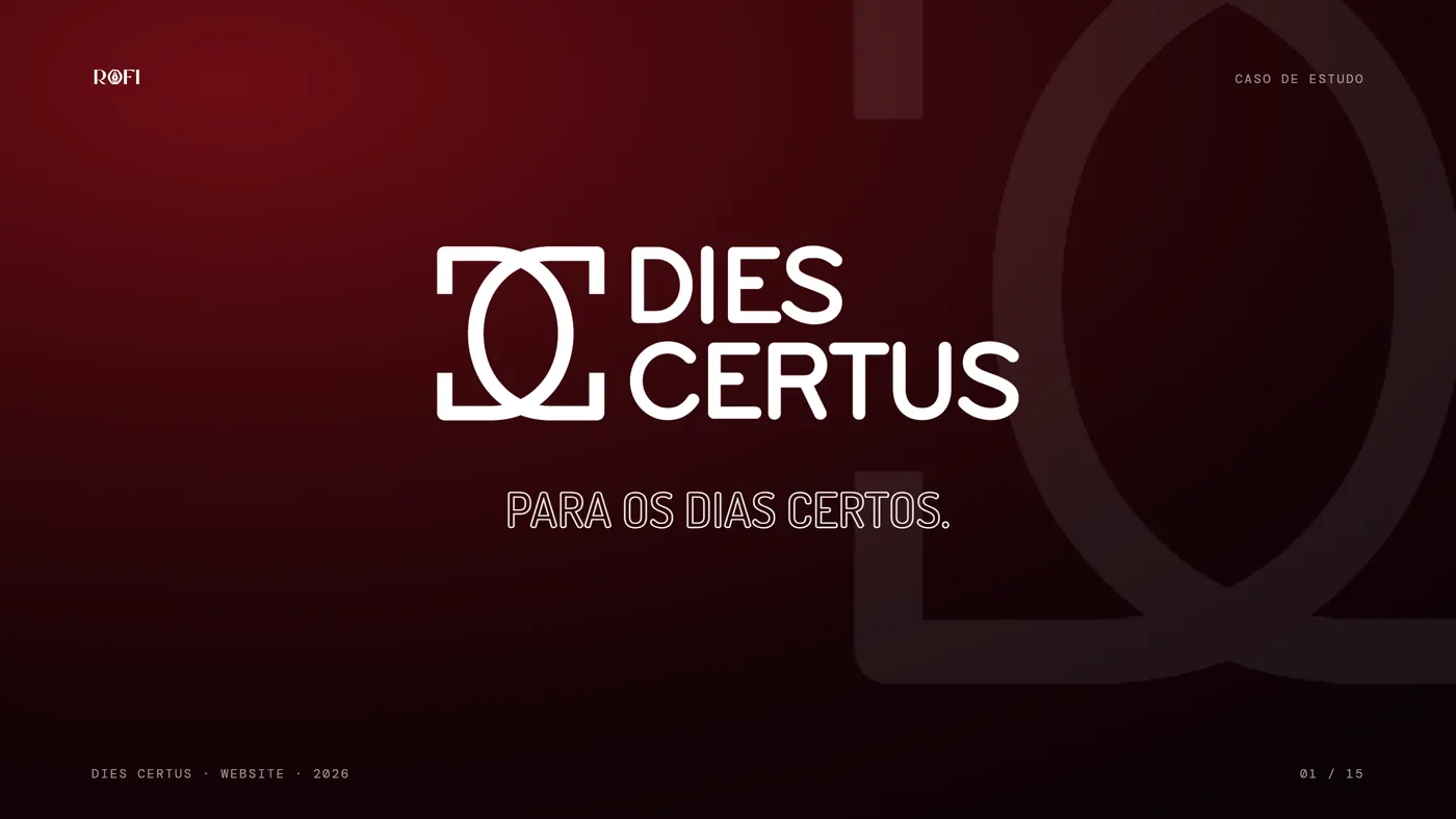 Capa: o logótipo da Dies Certus em branco sobre vermelho escuro e o título do caso, “Para os dias certos”.