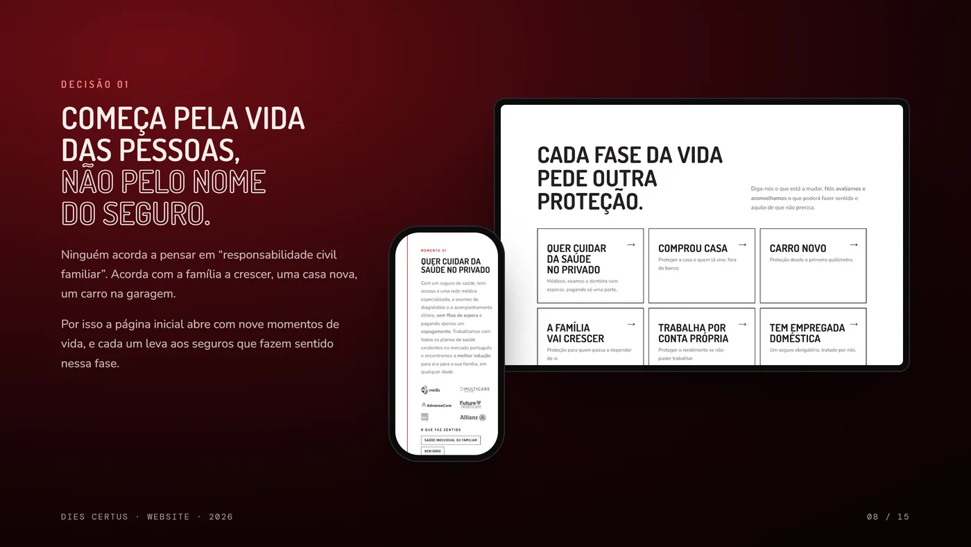 Decisão 01: a secção “Em que momento está?” com os momentos de vida e a página Momentos no telemóvel.