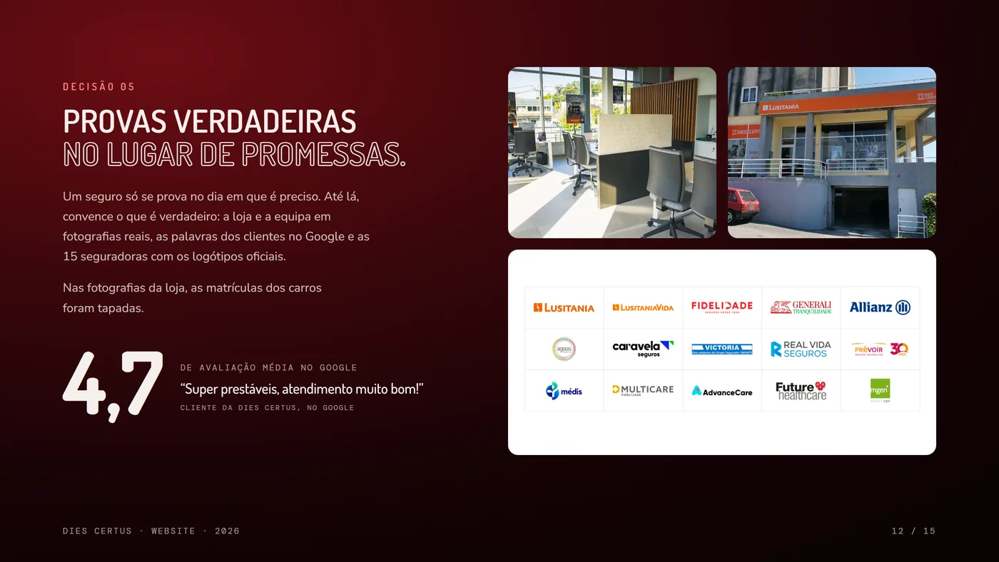 Decisão 05: fotografias reais do escritório e da sede, a avaliação no Google e as 15 seguradoras parceiras.