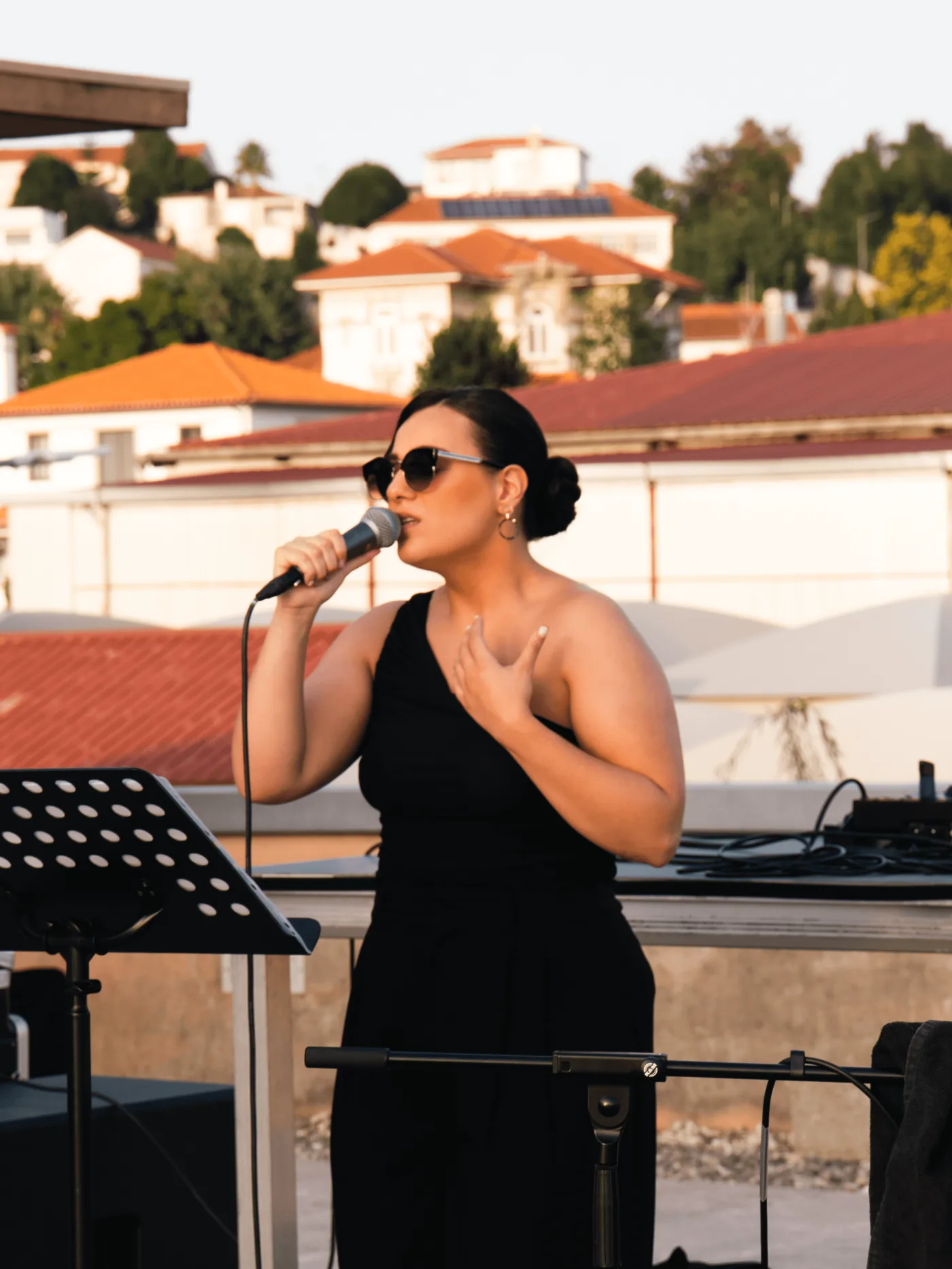 The singer at the microphone.